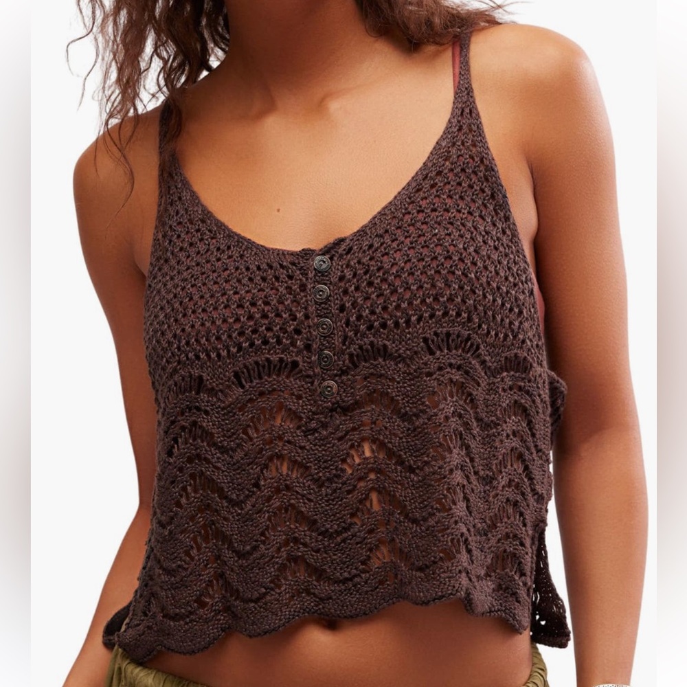 Free People NWT Boho Summer Breeze Open Knit Linen Blend  Scoop Neck Camisole M